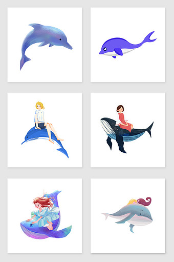 手绘海豚和鲸鱼套图插画元素图片