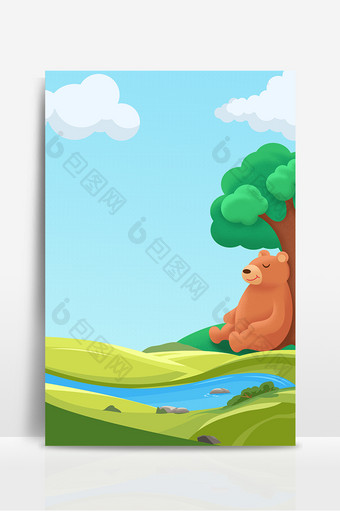 卡通河流边休息的小熊野外背景设计图片