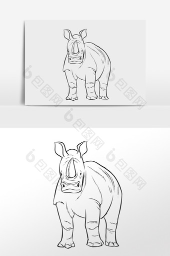 手绘线描线稿野生动物犀牛插画图片