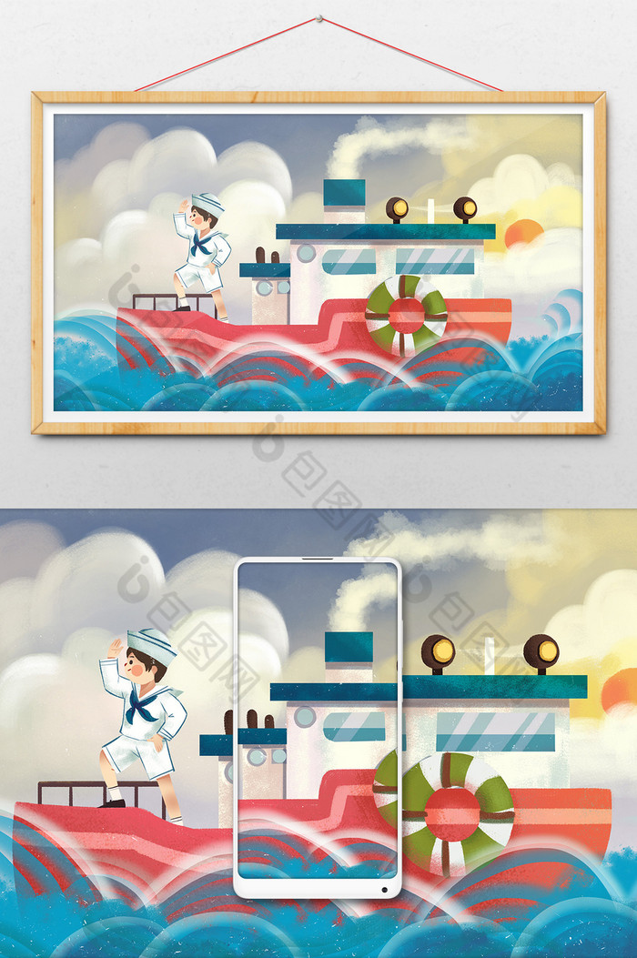 中国航海日轮船航海水手插画图片图片