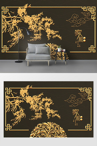 中式雕刻石膏花纹电视背景墙图片