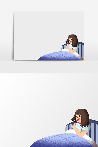 女孩生病躺床插画元素图片