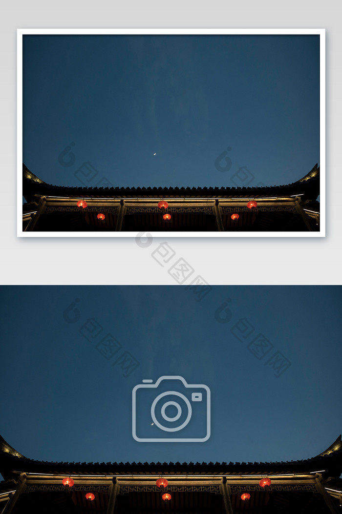昏暗古楼屋檐上深蓝色天空挂月亮建筑摄影图图片图片