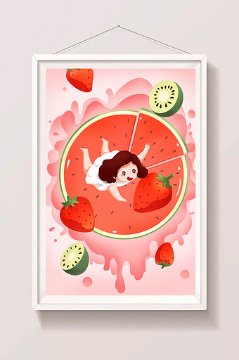 红色夏日缤纷水果插画图片