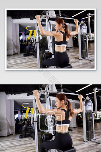健身房运动跑步减肥增肌女生背部拉力器练习图片