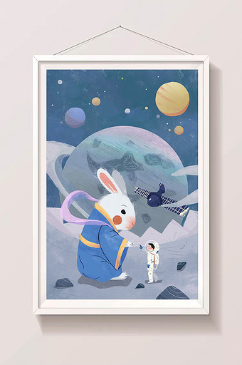卡通扁平人类月球日登月宇航员玉兔太空插画图片