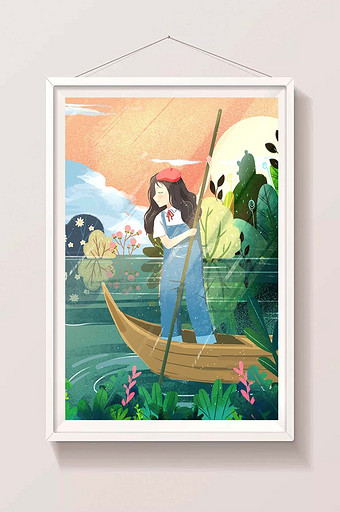 夏天荷塘划船出游游玩女孩插画图片