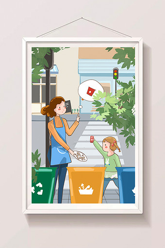 妈妈教孩子环保垃圾分类插画图片