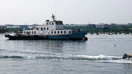 清晨海洋养殖区的舢板和巡游艇