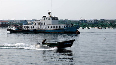 清晨海洋养殖区的舢板和巡游艇