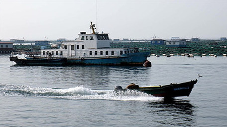 清晨海洋养殖区的舢板和巡游艇