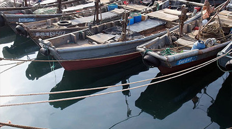 海洋休渔期停靠在渔港码头的渔船