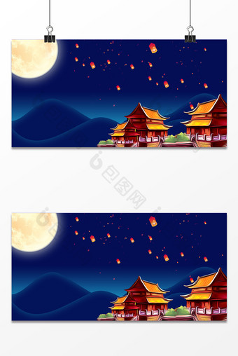 中秋节祈福花灯楼阁夜晚场景元素横版背景图片