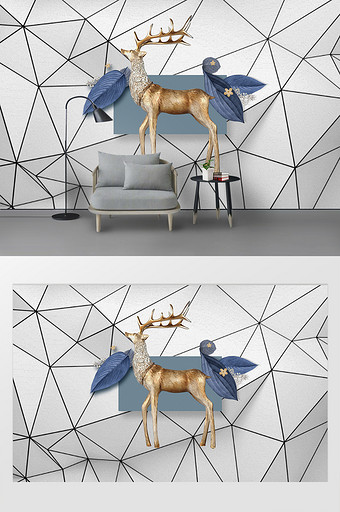 现代简约北欧抽象几何线条麋鹿背景墙图片