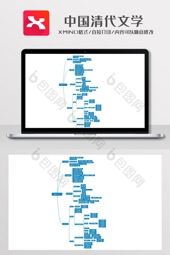 简约风中国清代文学思维导图XMind模板图片图片