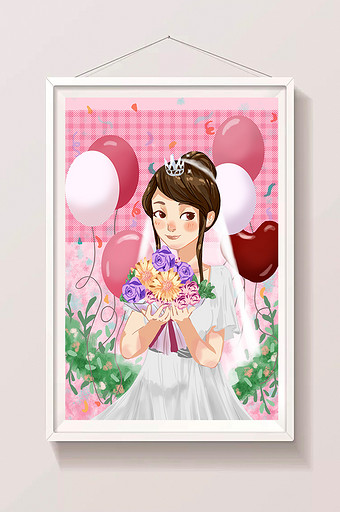 粉色可爱浪漫新娘婚礼插画图片