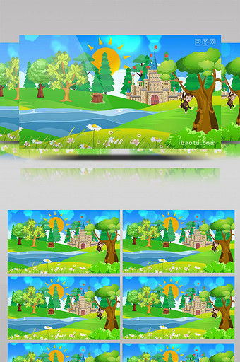 草地河流城堡卡通背景图片