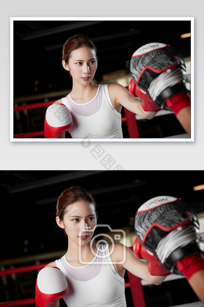 健身房运动女生拳击练习霸气特写宣传图