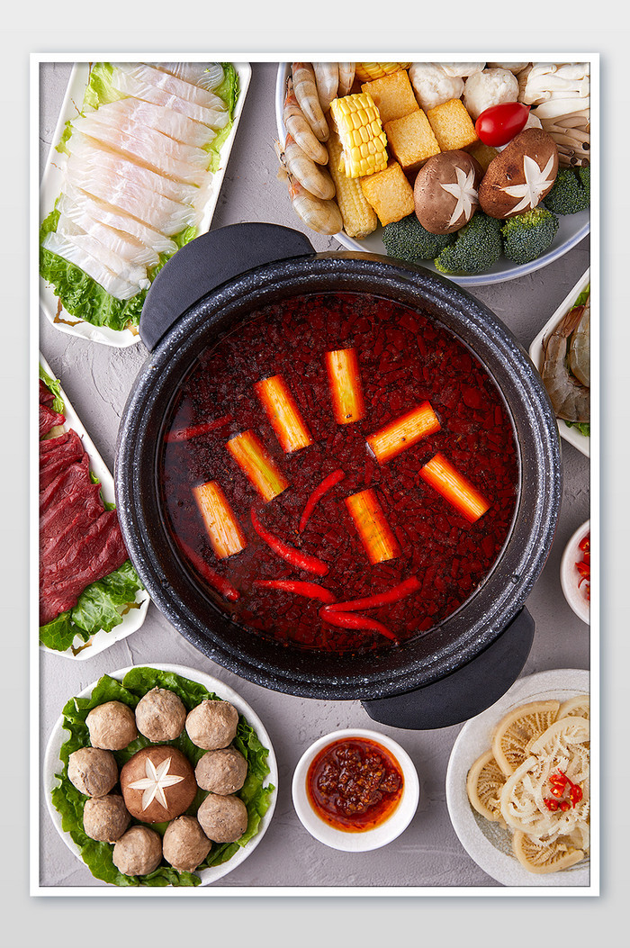火锅中式餐饮食材海报红油火锅食材摄影图