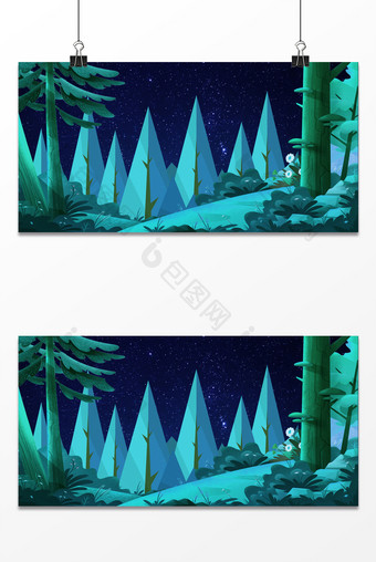 森林树木梦幻卡通夜空背景图片