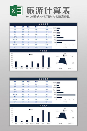 简约大气蓝色旅游计算表Excel模板图片