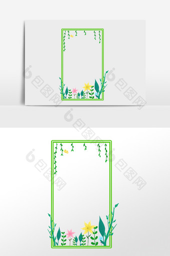 手绘绿色植物小花花草边框插画图片