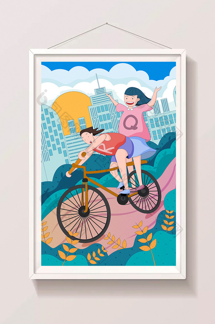 八月你好骑自行车插画城市图片图片