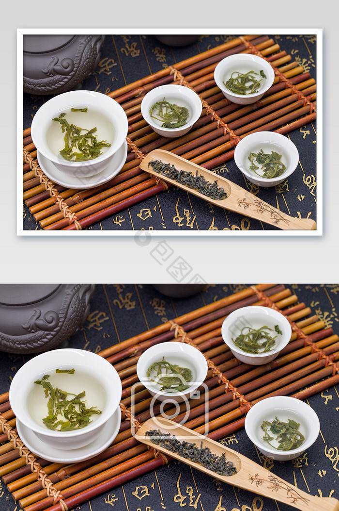 白色茶具摆盘竹排茶叶竹铲图片图片