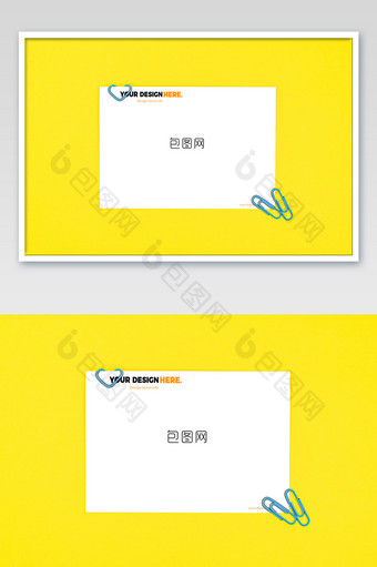 黄色底别针夹子蓝色爱心横版海报样机图片