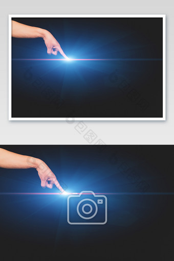 人物单手点击科技光束蓝红发光体图片
