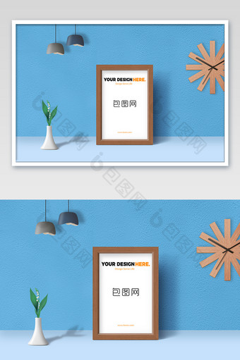 简约蓝底清新北欧风封面画框海报样机图片