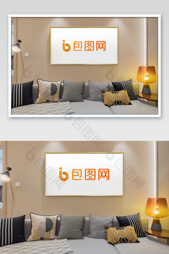 暖色新中式轻奢客厅家居画框海报样机图片