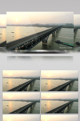 航拍南京地标长江大桥火车经过夕阳图片