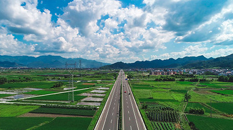 宽广的农田高速路白云蓝天向前航拍视频