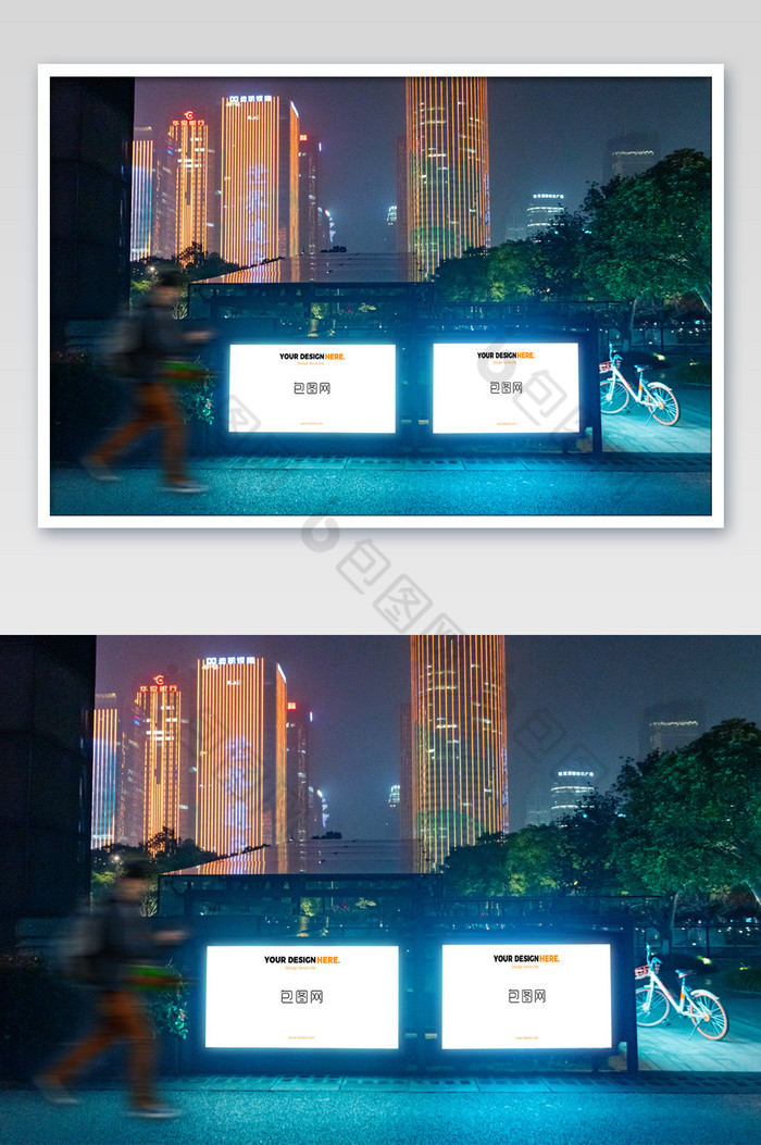 夜景夜色交通公交站空白广告牌灯箱图片图片