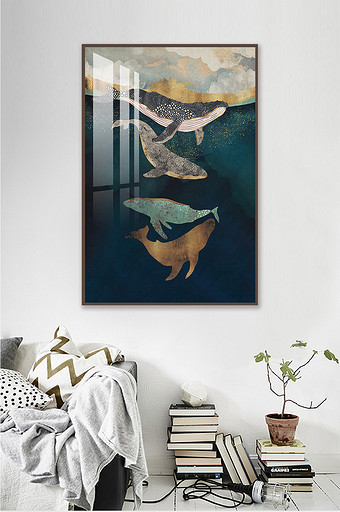 蓝色油画纹理鲸鱼北欧抽象装饰画图片