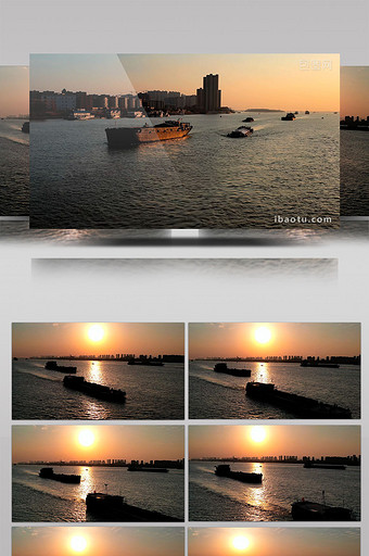 航拍南京长江夕阳下的江面货船来往穿梭图片