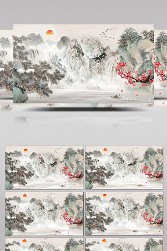 复古中国风水墨山水梅花动画素材背景特效图片