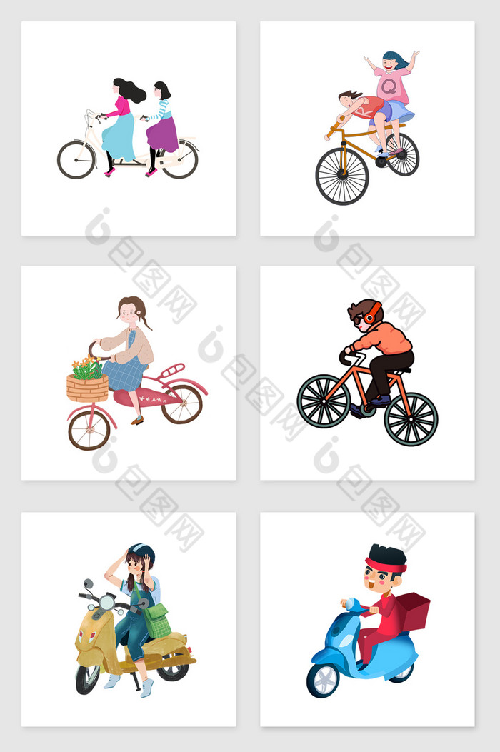 骑自行车和机车的人套图插画图片图片