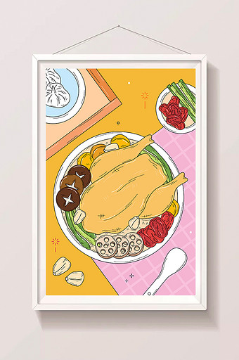 扁平卡通俯视餐饮美食美味炖鸡创意插画图片