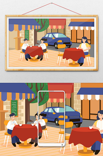 夏季旅游出行休闲咖啡店吃饭街道横幅插画图片