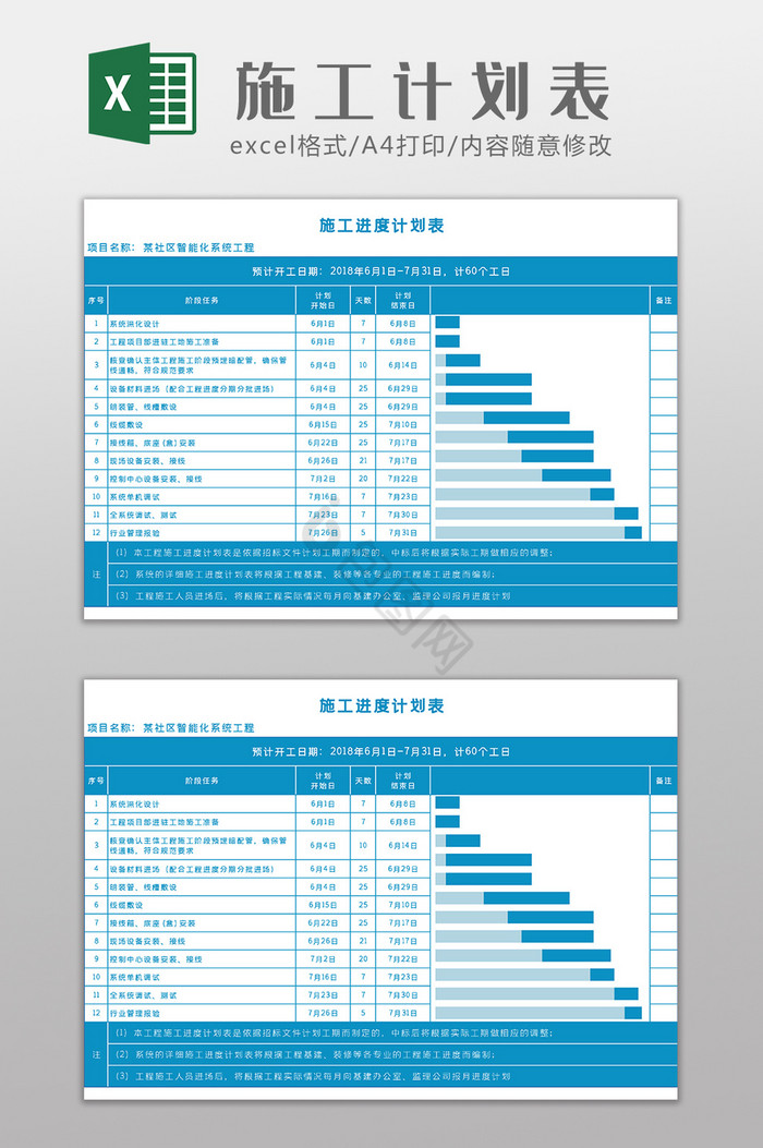 施工组织施工计划进度Excel模板