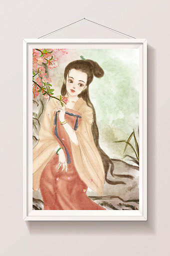 水彩水墨中国风古风海棠花仕女图图片