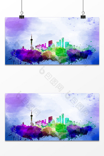 彩色水彩泼墨城市建筑剪影背景图片