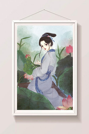 水彩水墨手绘中国风古风美女采莲插画图片