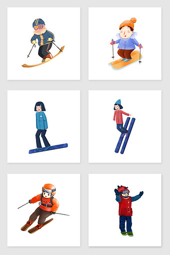 手绘滑雪的人们套图插画元素图片