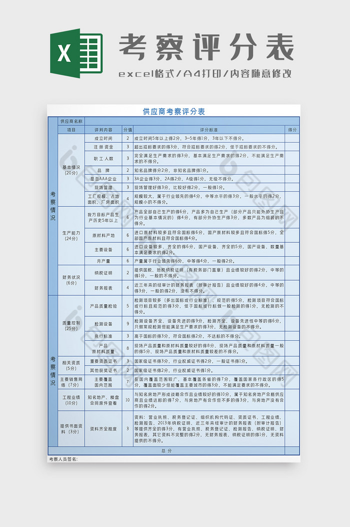 供应商考察评分表Excel模板