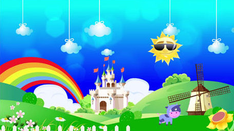 卡通草原风车城堡背景