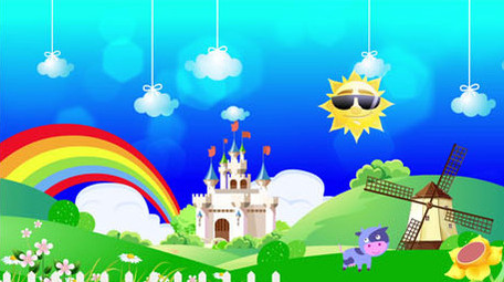 卡通草原风车城堡背景