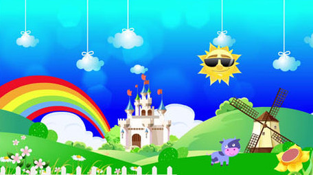 卡通草原风车城堡背景